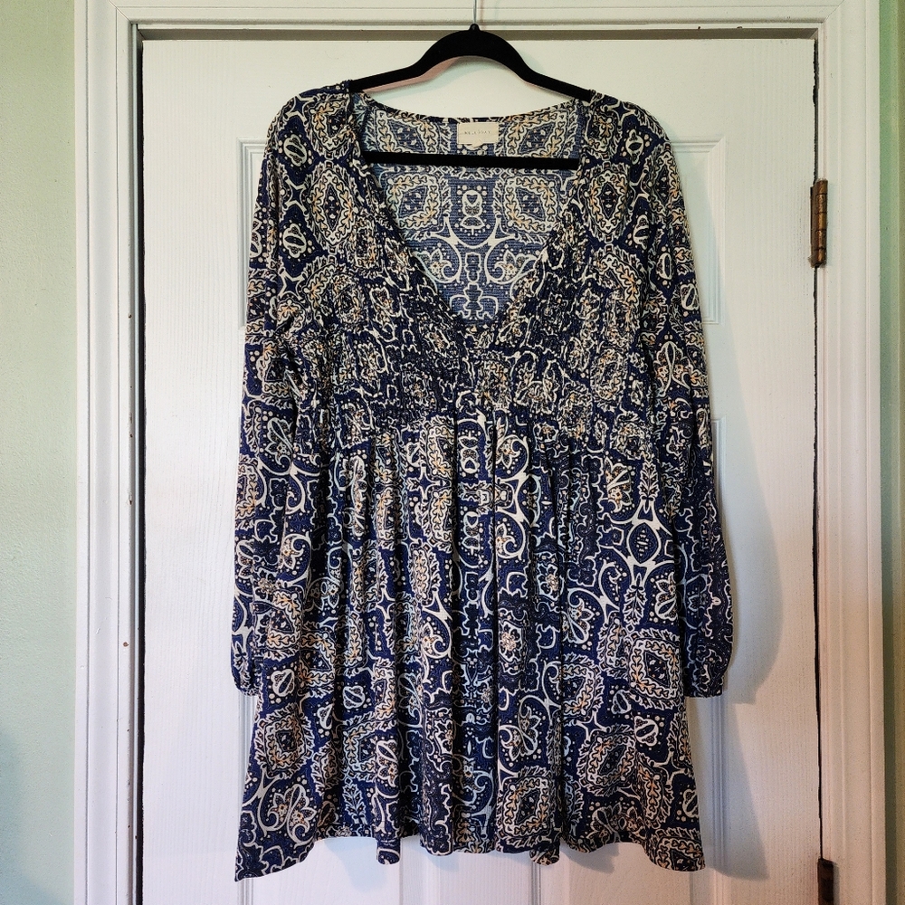 MELLODAY Smocked Bust Button Detail Paisley Printed Baby Doll Tunic Dress